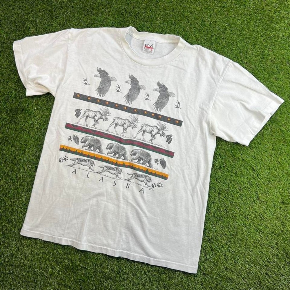 Vintage Alaska Wildlife Graphic Single Stitch 90s Anvil Bear Moose Eagle Tee L